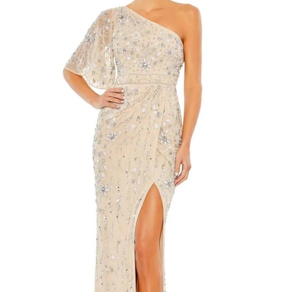 Mac Duggal Nude Sequin Beaded One-Shoulder Side Slit Gown